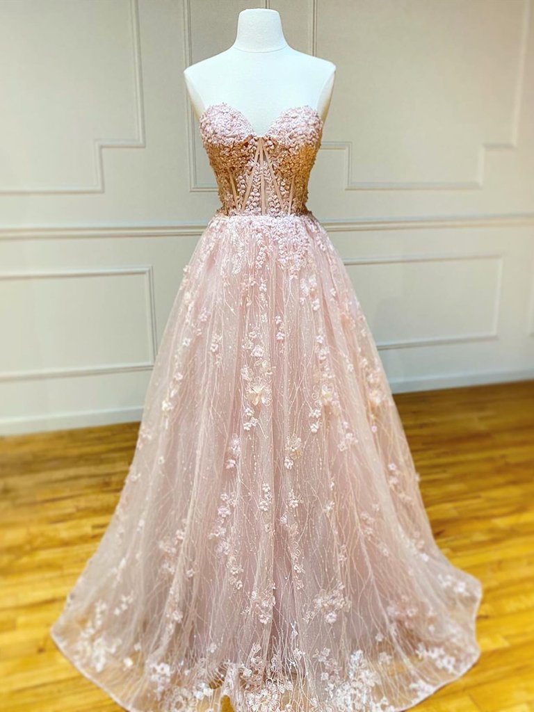 Sweetheart Neck Strapless Pink Floral Long Prom Dresses, Long Pink Floral Formal Evening Dresses cg19996