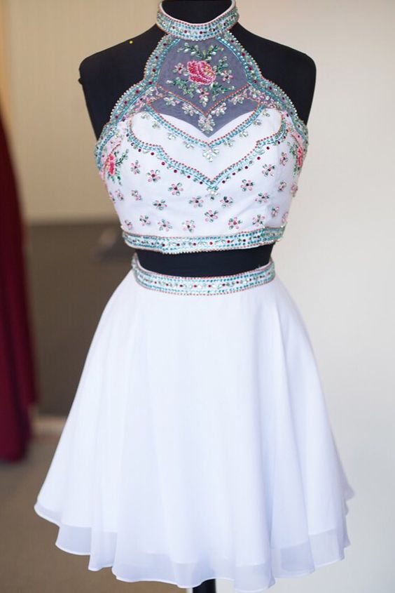 High Neck Two Piece Homecoming Dress, Short White Floal Homecoming Dresses, 2019 Homecoming Dresses cg2121