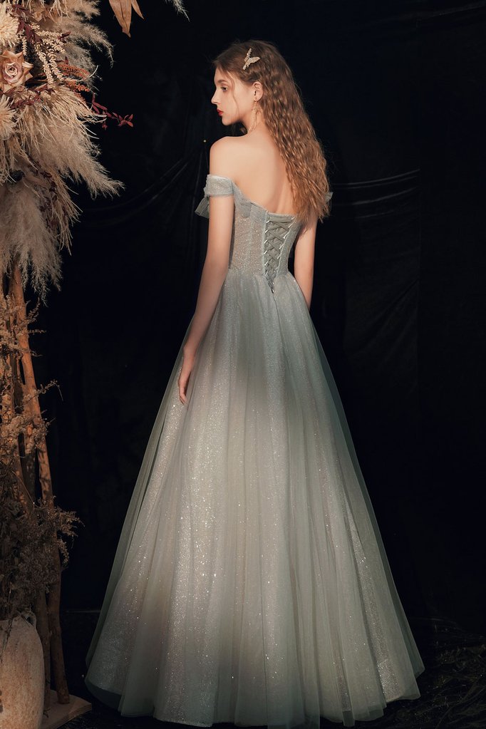 GRAY OFF SHOULDER TULLE LONG PROM DRESS GRAY TULLE FORMAL DRESS cg21333