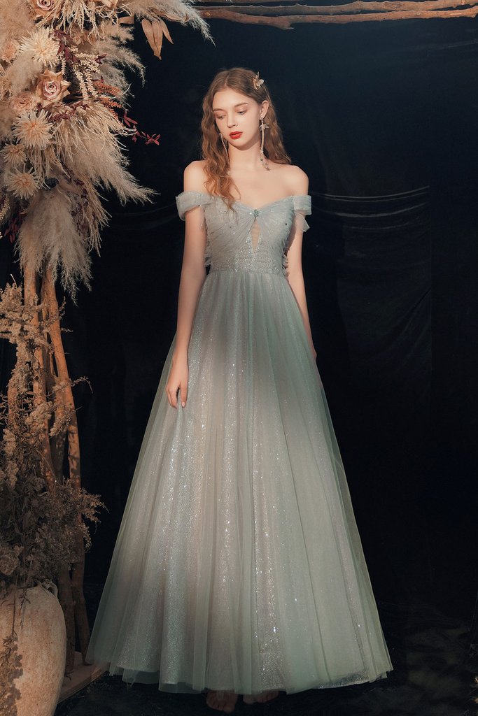 GRAY OFF SHOULDER TULLE LONG PROM DRESS GRAY TULLE FORMAL DRESS cg21333