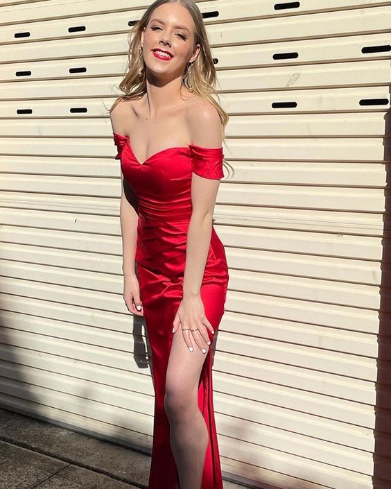 Off the Shoulder Red Satin Simple Prom Dress with Side Slit cg21549