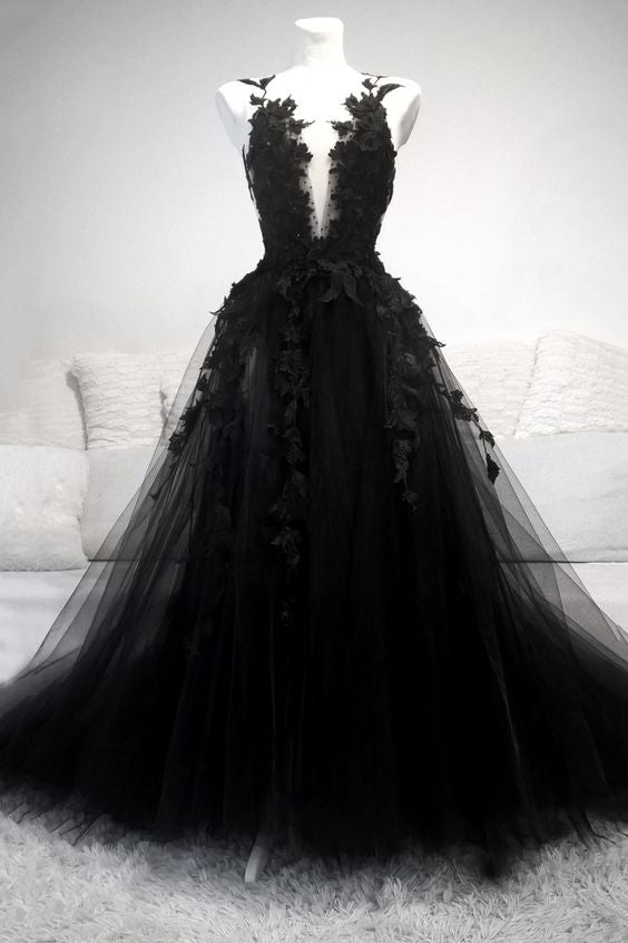 Black V Neck Lace Long Prom Dress A Line Evening Dress cg22385