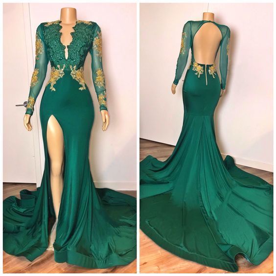 Green Long Sleeves V Neck Lace Mermaid Prom Dress cg22580