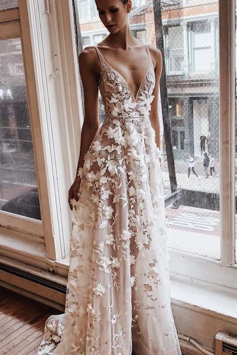 A-Line Floral Applied Long Prom Dress With Illusion V Neck cg22787