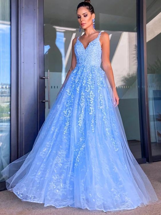 A-line Princess V Neck Lace Prom Dresses cg23668