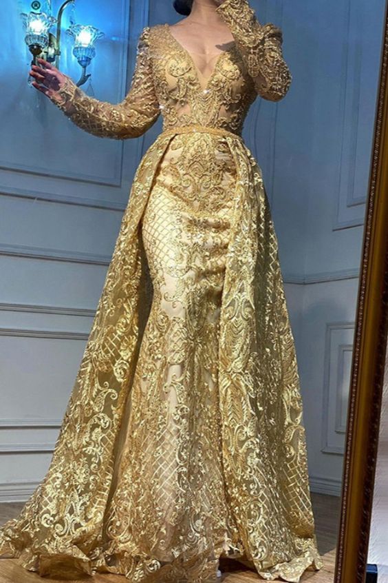 Long Sleeve V neck Long Prom Dress Lace Beaded Evening Formal Gown cg24788