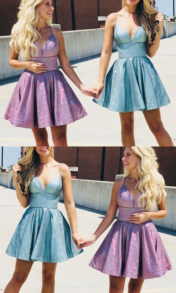 Spaghetti Straps V Neck Mini Homecoming Dress Aqua Silver Cocktail Dress cg2782