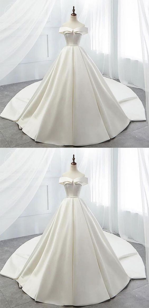 White off shoulder satin long prom dress, white evening dress, white wedding dress, white formal dress cg2789