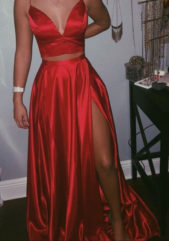Two Pieces Red Long Prom Dresses,Satin Evening Dresses with Split cg2805