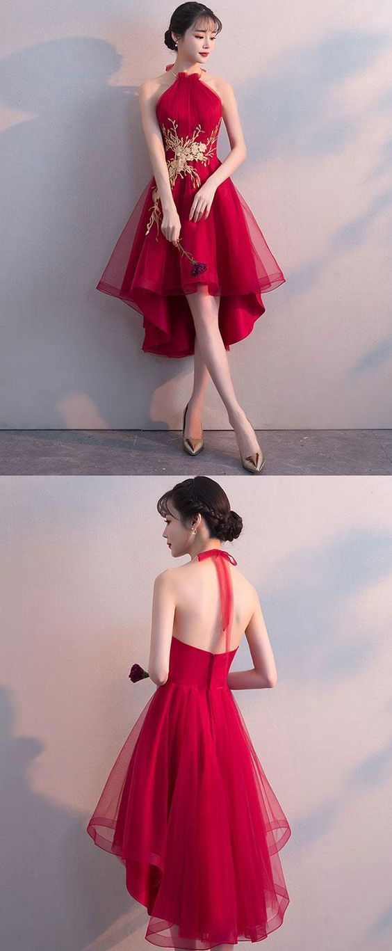 Halter Red Tulle A-Line Homecoming Dresses,Sleeveless Short homecoming Dresses cg285