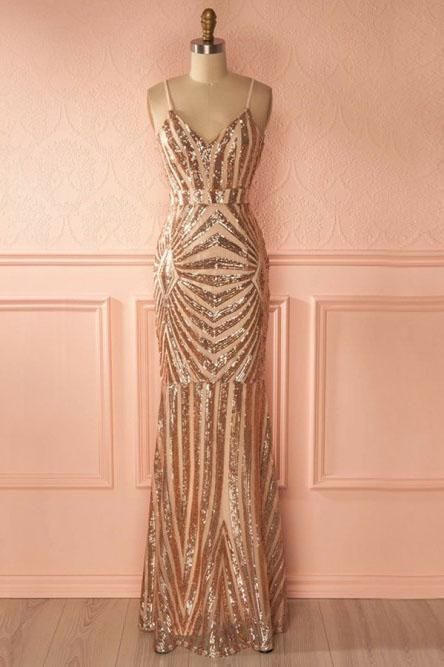 Mermaid Spaghetti Straps Gold Long Sexy Prom Dress with Sequins cg2924
