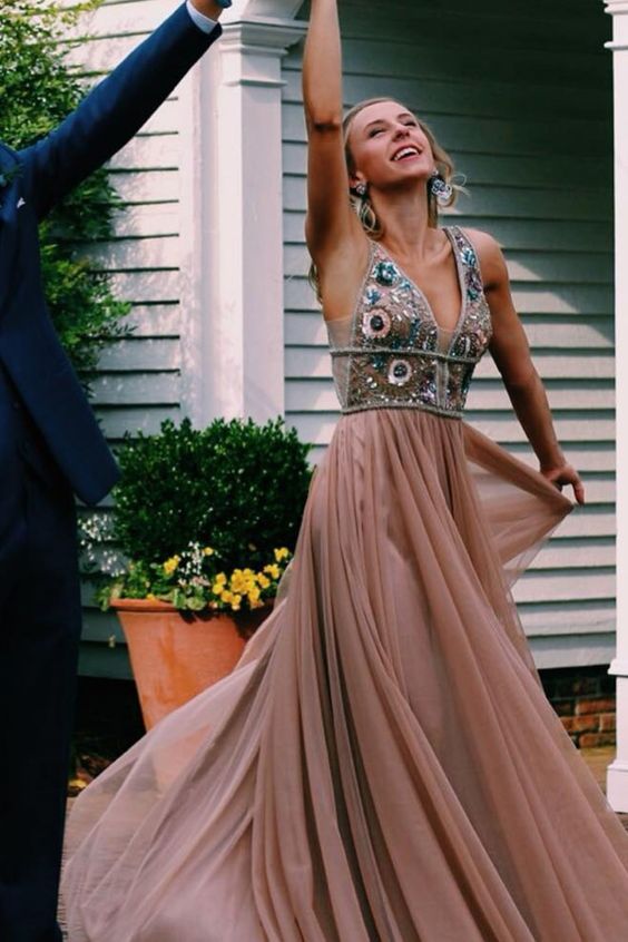 Champagne Long Prom Dresses with Beaded V Neck Top, Graduation Dresses cg3049