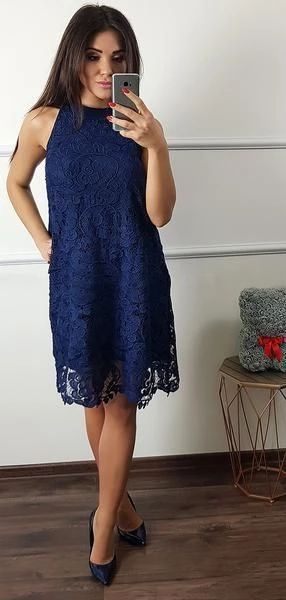 Navy Blue Lace Halter Sheath Knee Length Homecoming Dresses cg3061