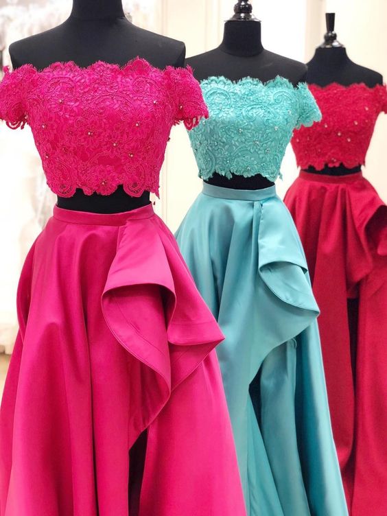 2020 Two Piece Prom Dresses with Off the Shoulder Top, Red Long Prom Dresses, Blue Prom Dresses Formal Dresses cg3150