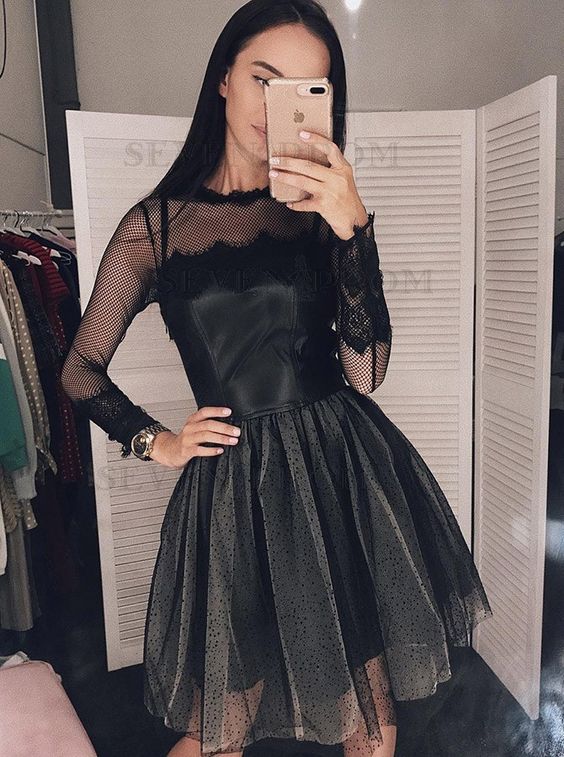 A-Line Crew Long Sleeves Above-Knee Black Homecoming Dress with Appliques cg4131