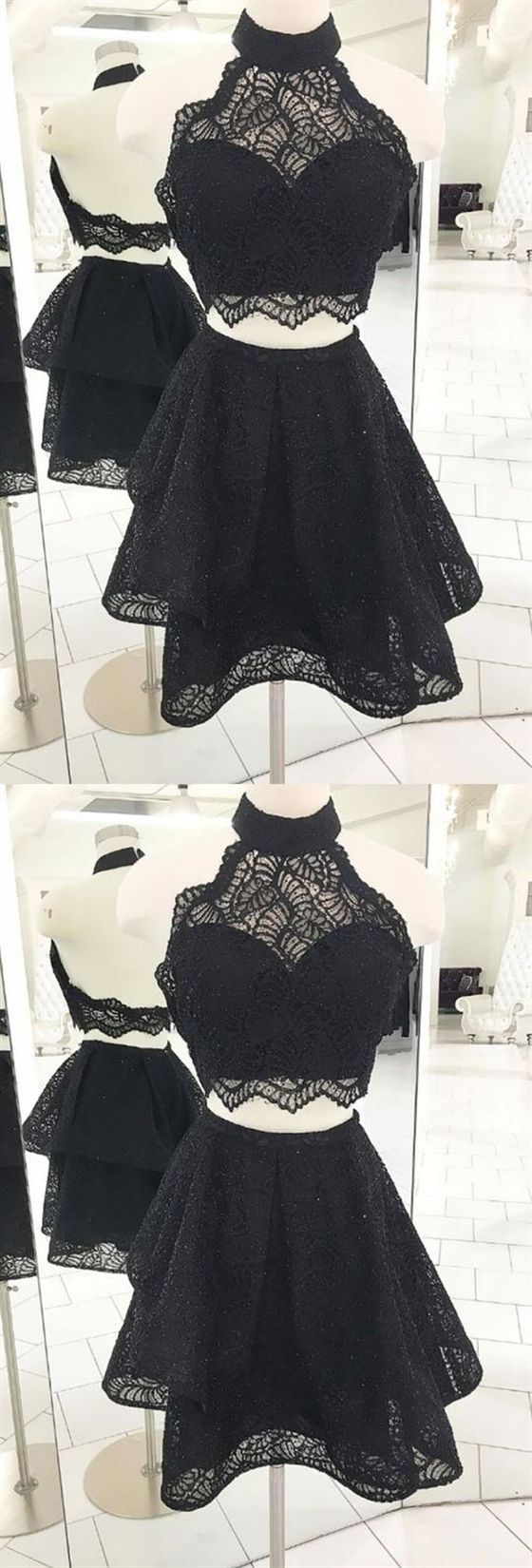 Black Halter Lace Homecoming Dresses,Two Pieces Short Cocktail Dresses cg417