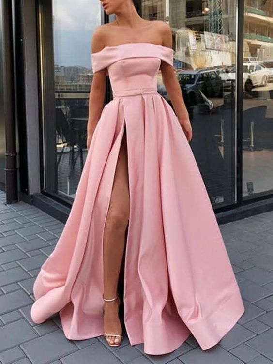 A-Line/Princess Sleeveless Off-the-Shoulder Sweep/Brush Train Ruffles Satin Dresses cg447