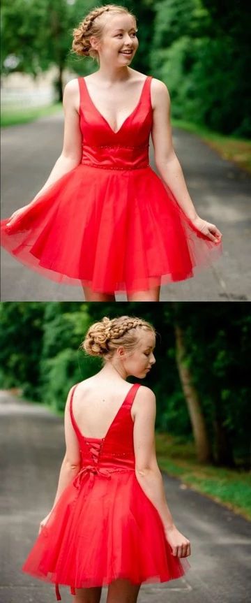 Simple V Neck Straps Red Homecoming Dress cg4522
