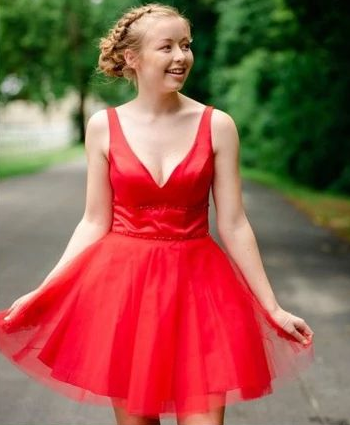 Simple V Neck Straps Red Homecoming Dress cg4522