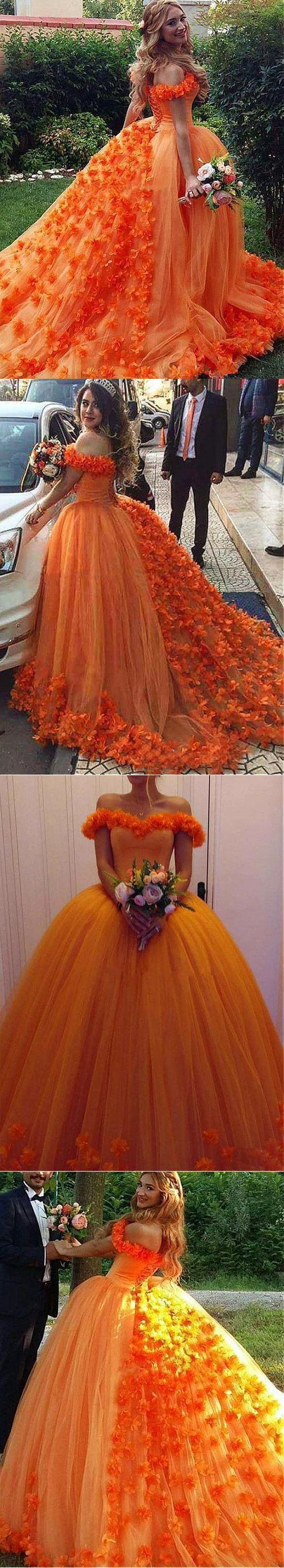 Chic A-line Off-the-Shoulder Orange Prom Dresses Tulle Long Prom Dress Evening Dress cg4631