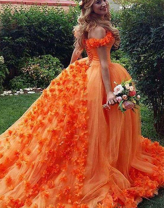 Chic A-line Off-the-Shoulder Orange Prom Dresses Tulle Long Prom Dress Evening Dress cg4631