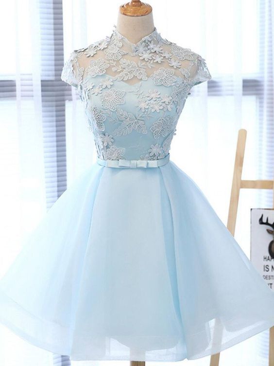 Chic Light Sky Blue Homecoming Dress Tulle High Neck Homecoming Dress Party Dress cg479