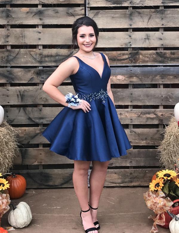 A-Line V-Neck Short Navy Blue Satin Homecoming Cocktail Dress With Beading cg537