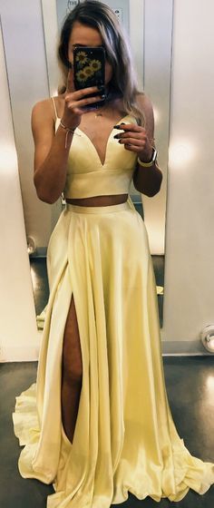 Charming Two Piece Prom Dress, Sexy Sleeveless Long Evening Dress with Slit cg5382