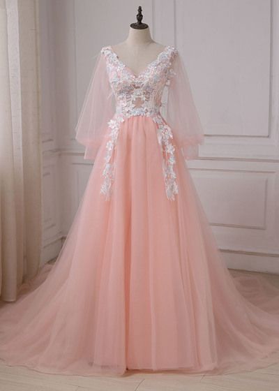 Charming Prom Dress,Tulle Prom Dress,Appliques Prom Dress,Long-Sleeves Ball Gown cg5402
