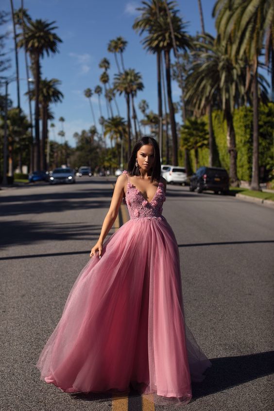 Dusty Pink Beaded Tulle Gown , Long Prom Dress cg5534