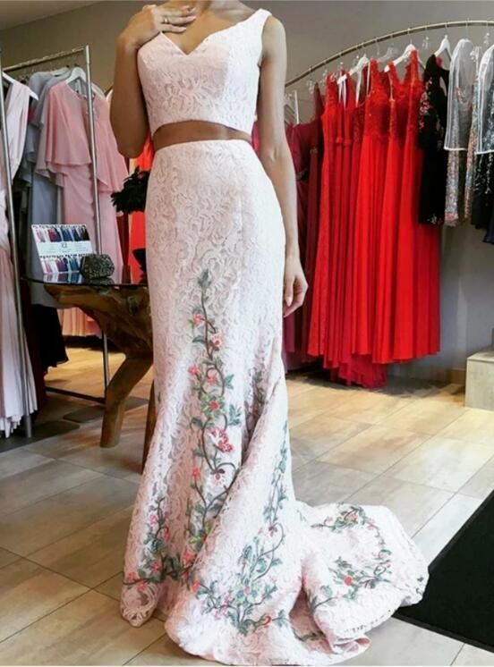 A-Line V-Neck Two Straps Two Pieces Sleeveless Long Prom Dresses cg5562