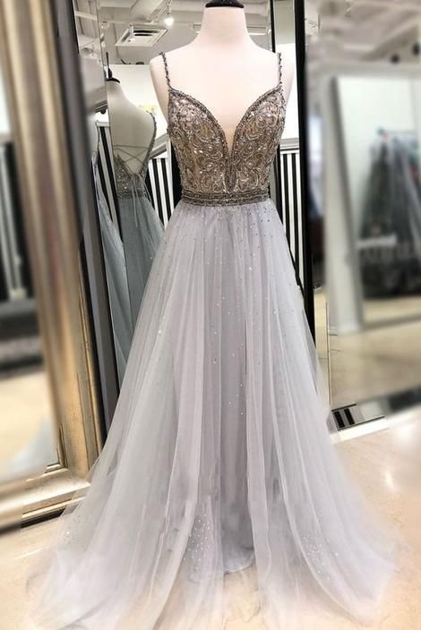 Charming Spaghetti Straps Tulle Long Prom Dresses, Sexy Sleeveless Beads Evening Dress cg5577