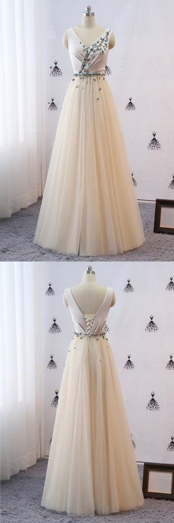 Champagne Tulle V Neck Long Simple Prom Dress, Evening Dress With Lace Applique cg5578