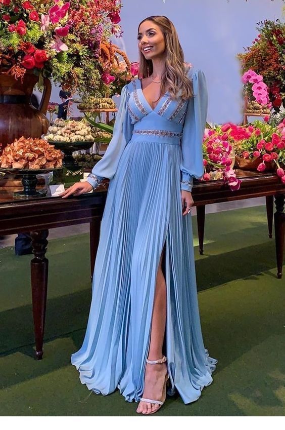 Elegant Chic long sky blue prom dress cg5592