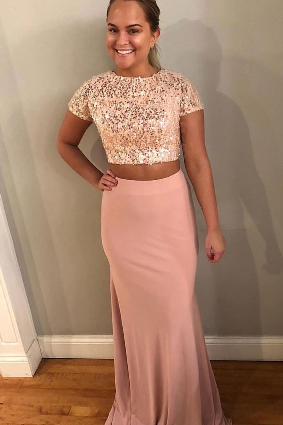 Short Sleeve Two Piece Evening Party Dress, Sequins Long Prom Dress cg5620
