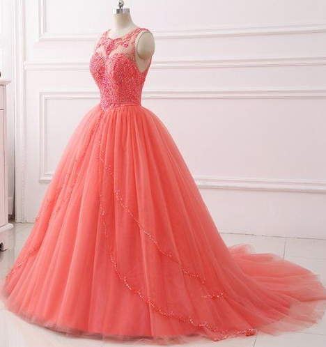 Coral Tulle Layered long Quinceanera Dress, Beaded Formal Prom Dress cg5630