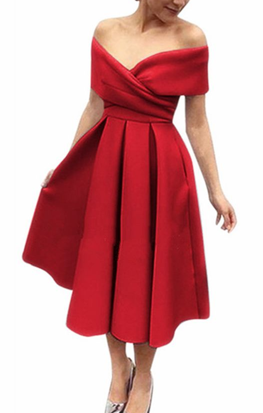 Simple red satin off shoulder V neck bridesmaid prom dress, short party dress cg5677