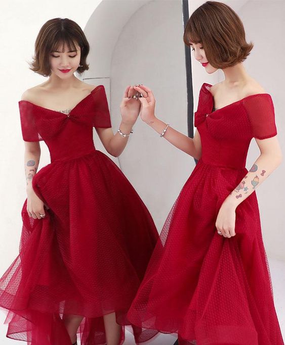 Burgundy tulle short prom dress, burgundy evening dress cg5696