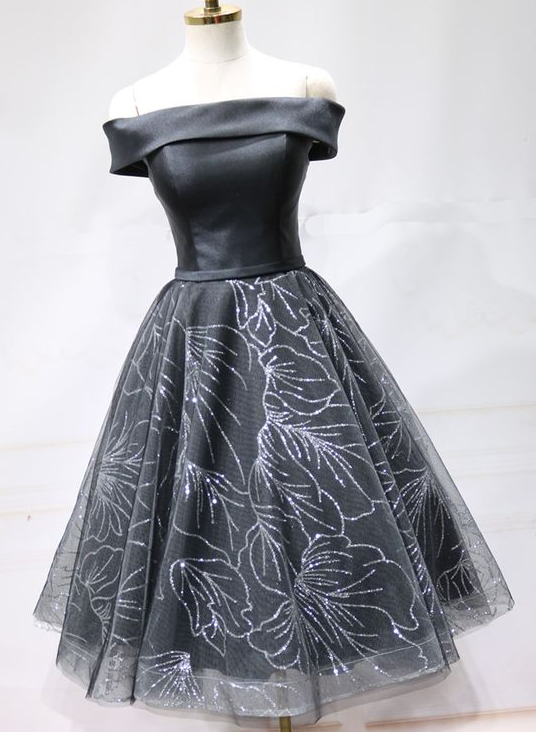 Black Satin Short Tulle Off Shoulder Party Dress, Homecoming Dress cg5697