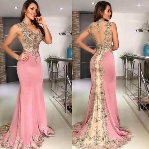 mermaid pink evening dresses long sleeveless lace appliqué beaded elegant evening prom gown 2020 formal dress cg5728