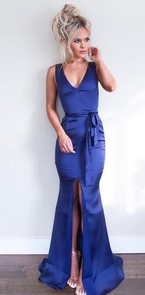 Mermaid Cheap Long V-Neck Floor-Length Royal Blue Prom Dresses with Sash Split cg5739