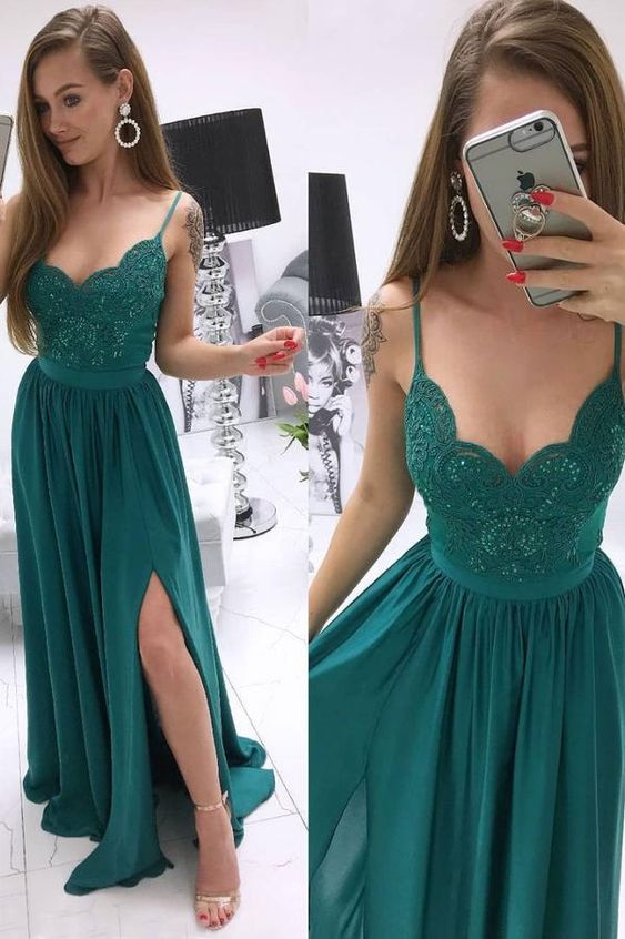 Green sweetheart lace chiffon long prom dress green evening dress cg5742