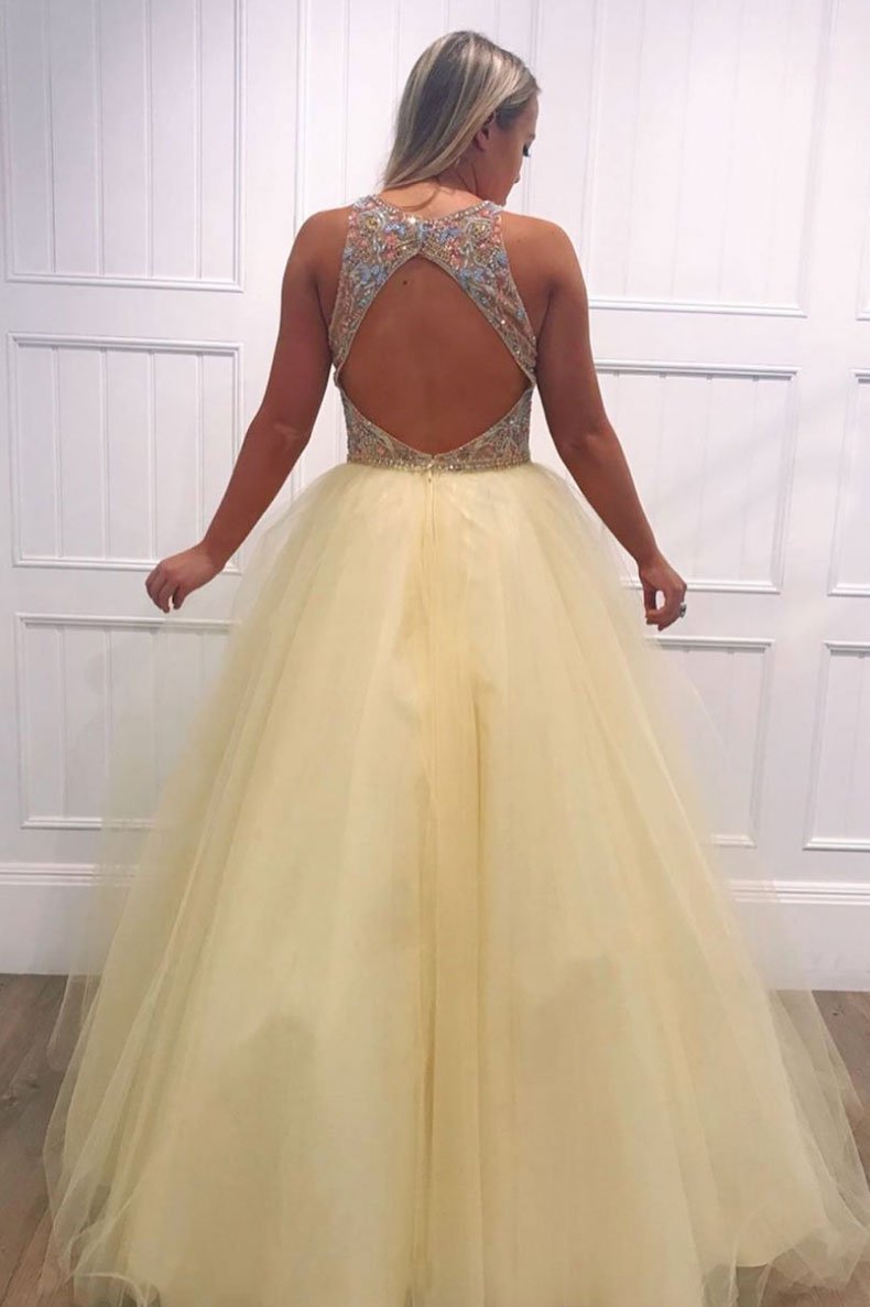 Yellow tulle v neck beads long prom dress yellow evening dress cg5759