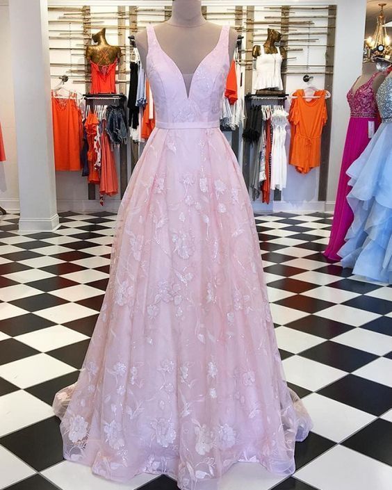 V-neck Pink Lace Pleated Long Prom Dress cg5777