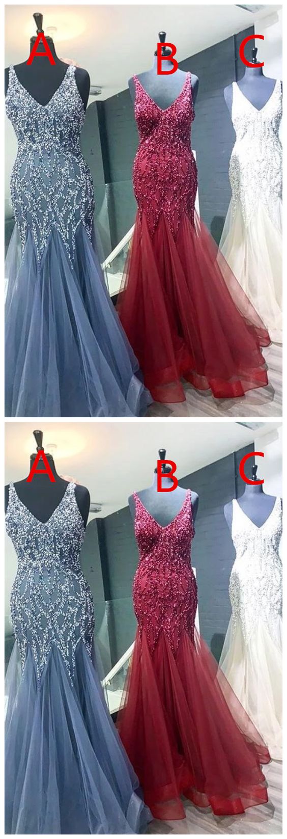 Mermaid V Neck Straps Tulle Long Prom Dresses cg5779