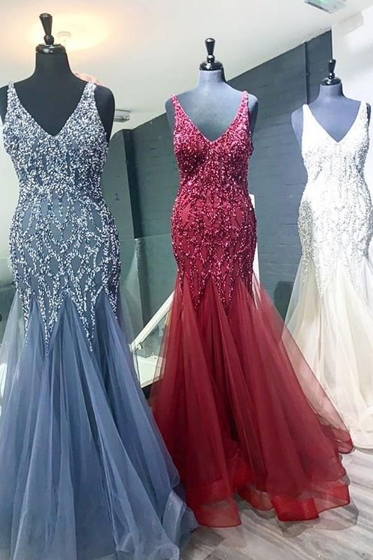 Mermaid V Neck Straps Tulle Long Prom Dresses cg5779