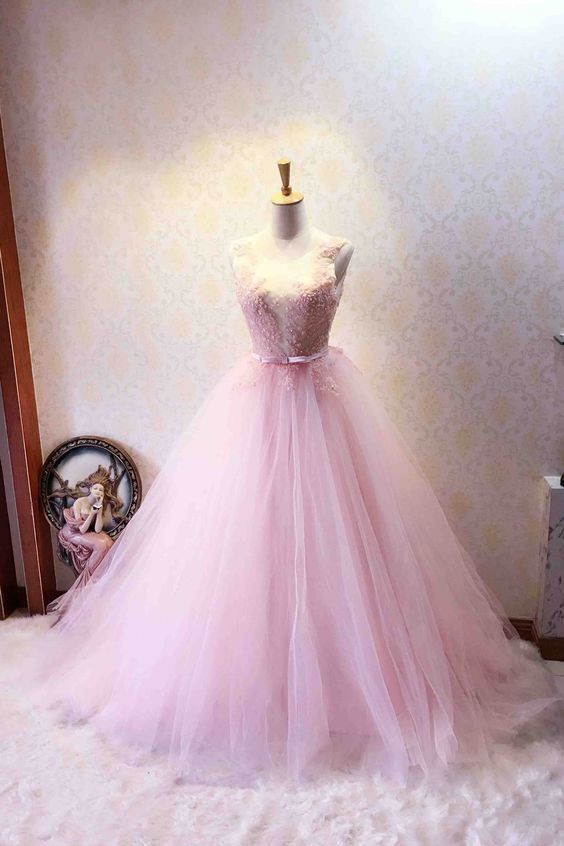 Pink tulle round neck see-through lace applique sequins ball gown prom dresses cg5811