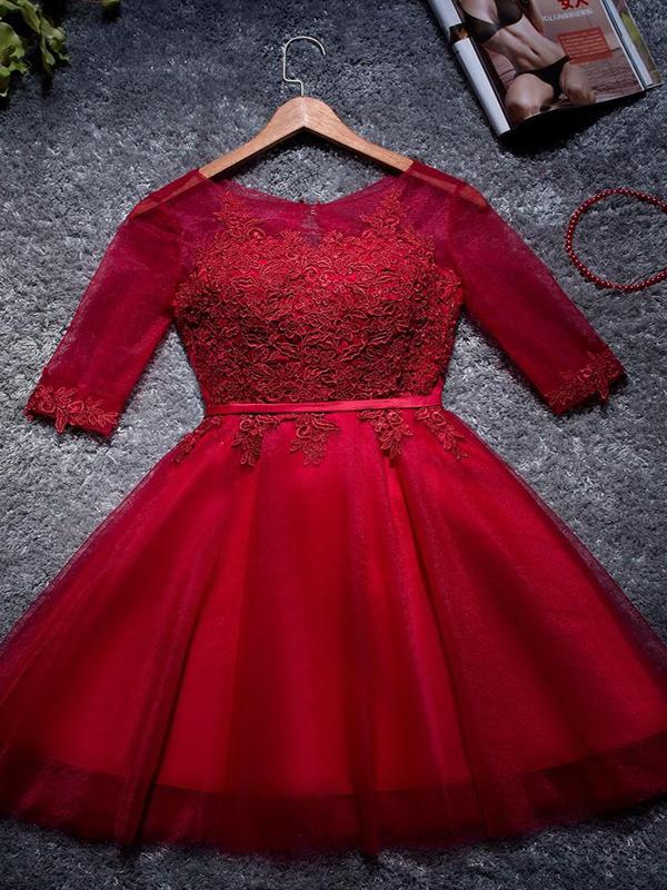 A-Line Red Scoop Neckline 3/4 Sleeves Homecoming Dresses cg585