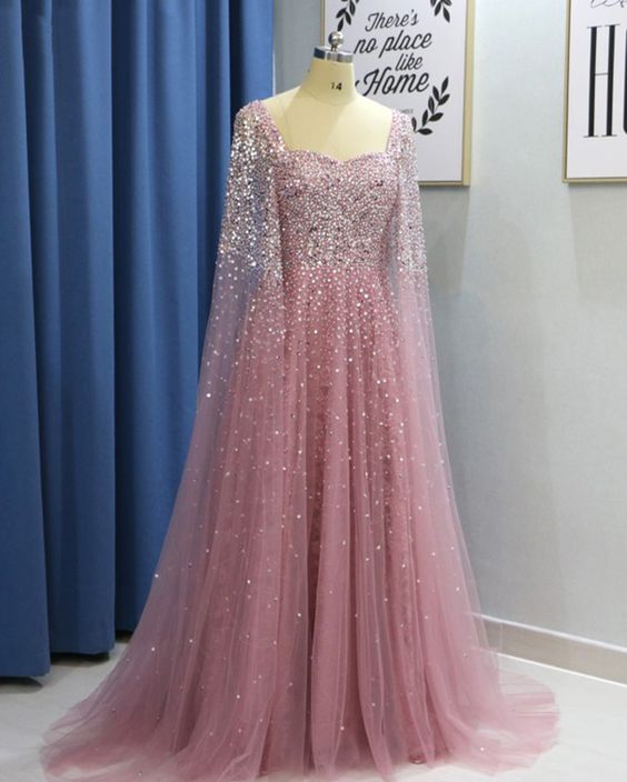 Pink Tulle Open Back Long Sleeve Sequins Evening Dress, Formal Prom Dress cg5853
