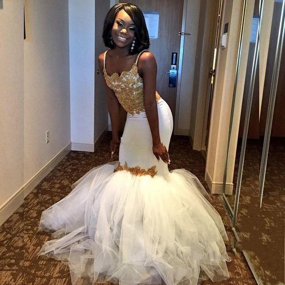 Mermaid White With Gold Appliques Spaghetti Straps Tulle Prom Dresses cg5896